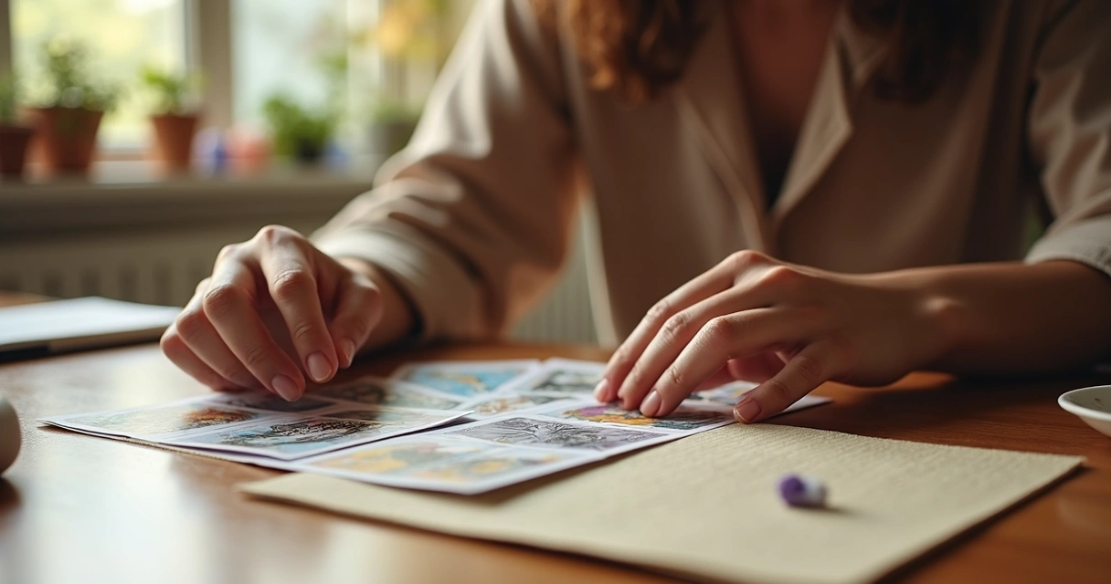 Consulta de tarot voltada para carreira mostrando cartas sobre uma carteira de trabalho aberta