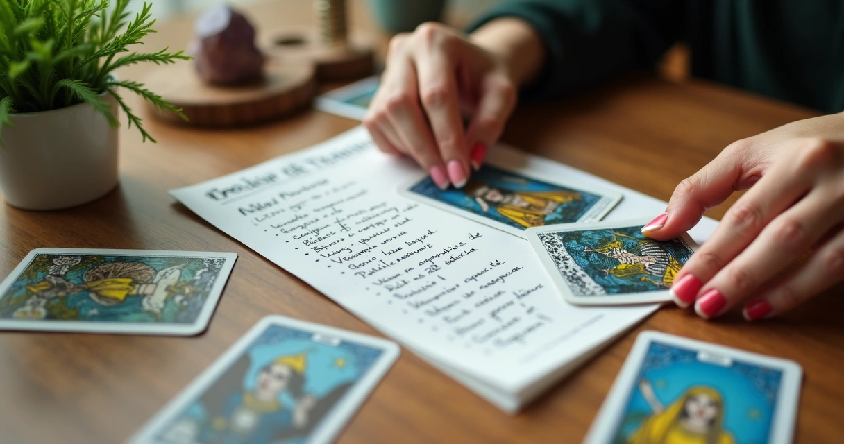 Tarot cards on a table with a work ID and notes about career change