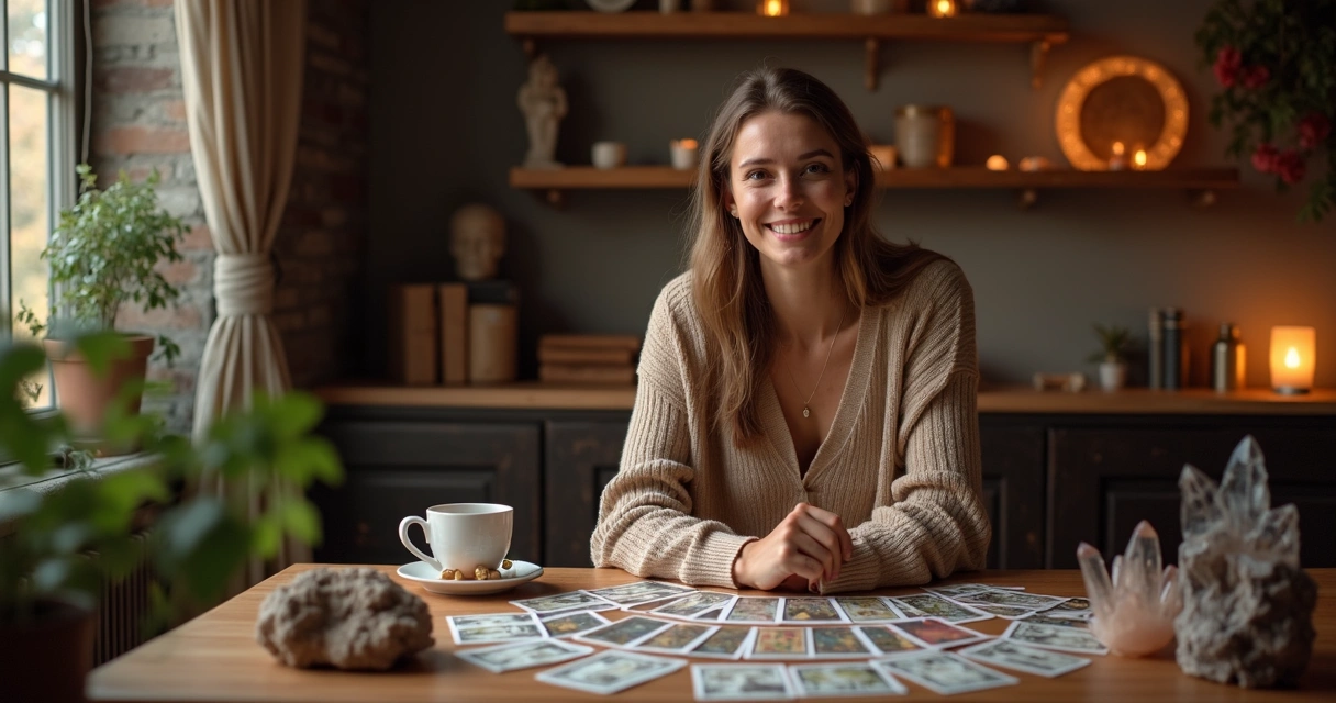 Consultora de tarot feminina em ambiente acolhedor com cartas e xícara de café 
