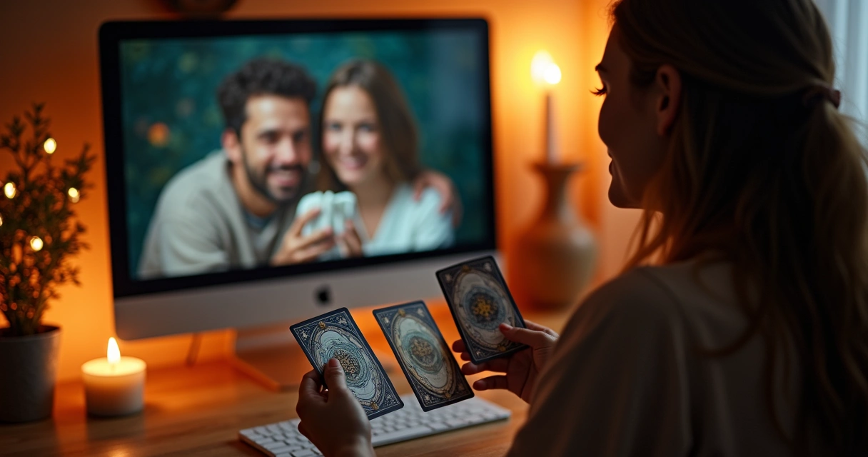 Atendente de tarot realizando consulta online para casal 