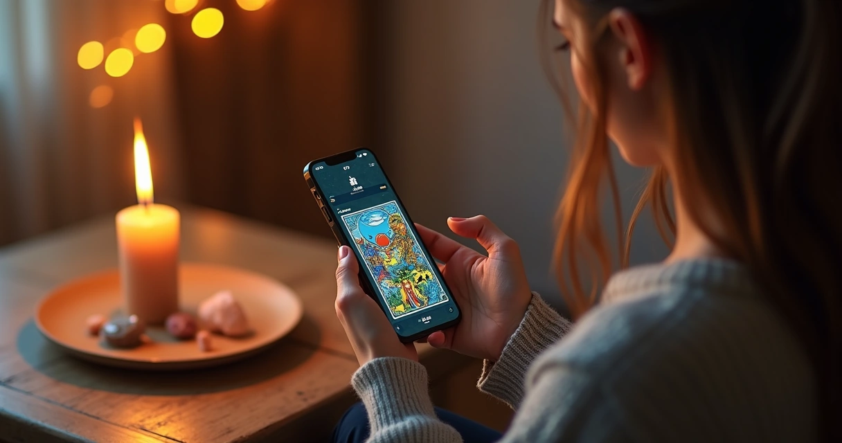 Mulher usando smartphone para consulta de tarot online. 