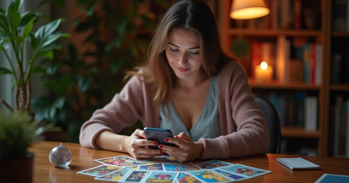 Mulher olhando para cartas de tarot no celular