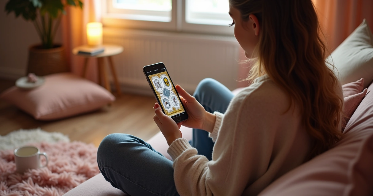Pessoa segurando celular com cartas de tarot na tela 