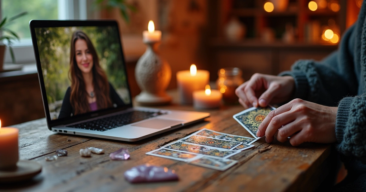 Cartas de tarot e computador aberto na mesa durante consulta online 