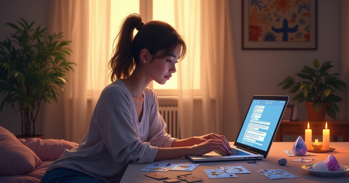 Consulta online de tarot pelo chat ao vivo, mulher digitando e cartas e cristais sobre a mesa 