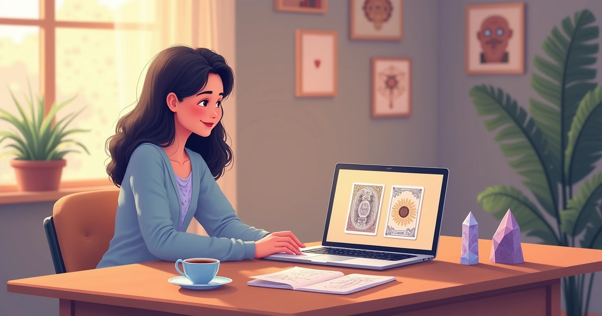 Consulta de tarot ocorrendo via chat e áudio na tela de um notebook; atendente espiritual sorrindo. 