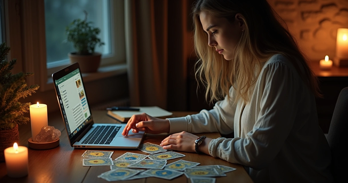 Mulher consultando tarot por chat online, cartas e notebook na mesa 