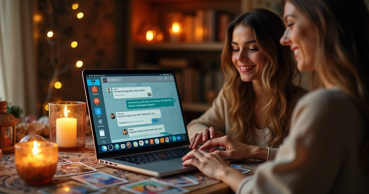 Taróloga em ambiente místico atendendo via chat de tarot online 