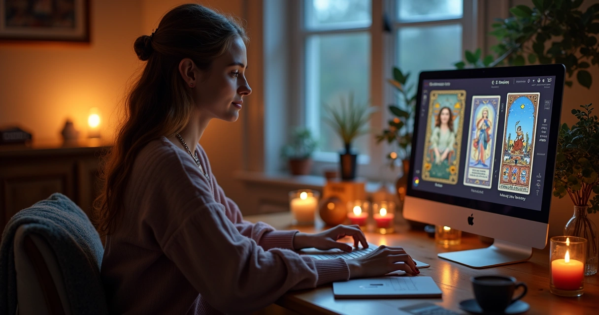 Pessoa usando computador para consulta de tarot online 