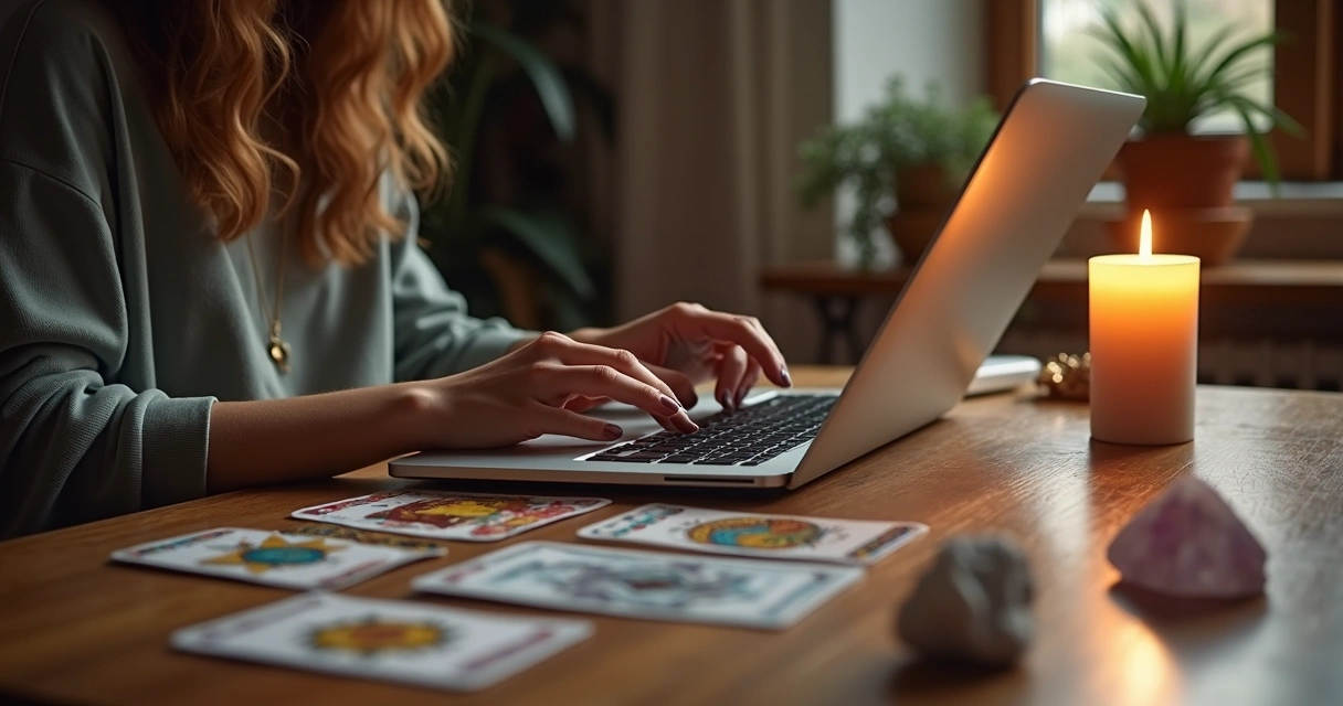 Taróloga digitando em notebook com cartas, cristais e vela ao lado 