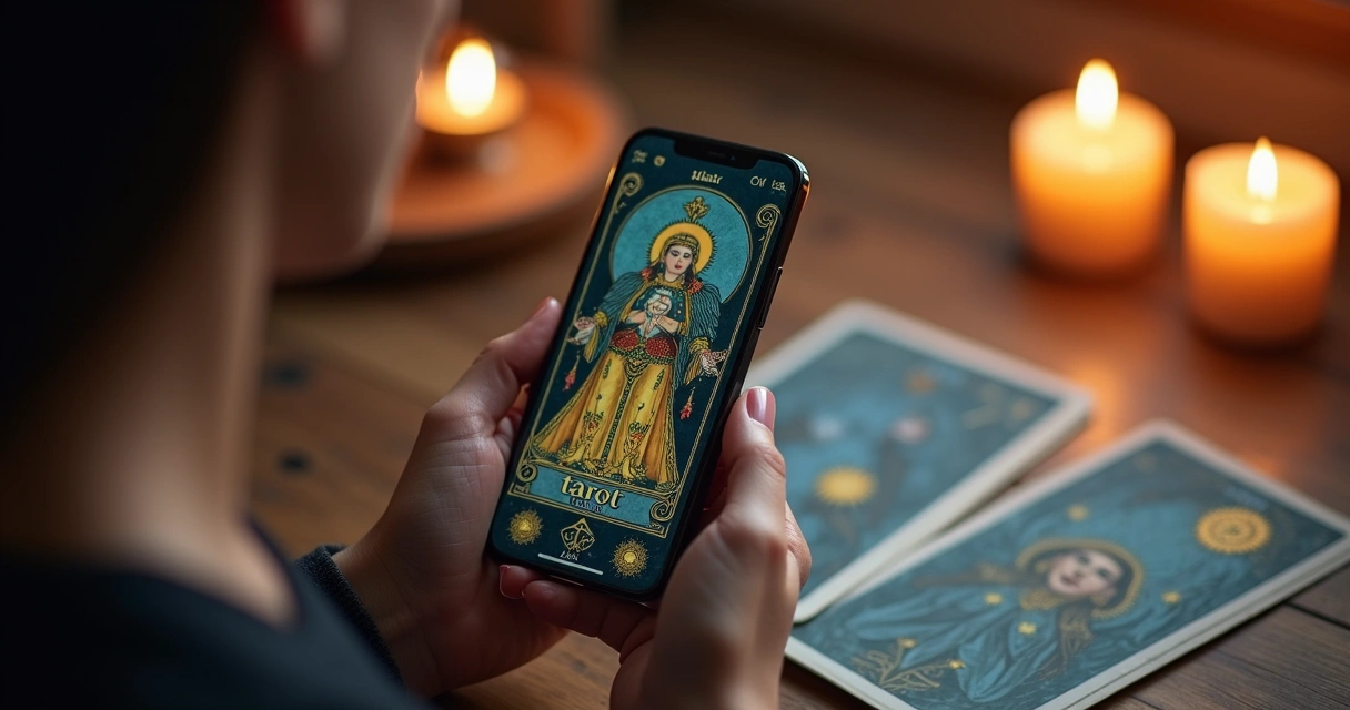 Mão usando celular com chat de tarot online e cartas ao fundo 