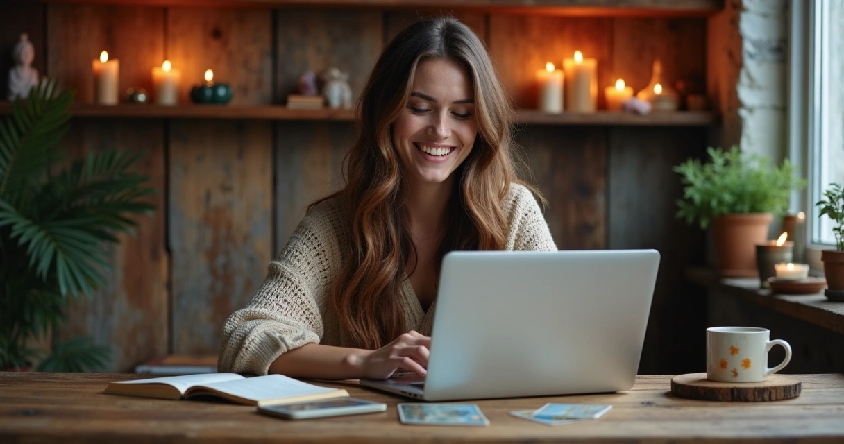 Mulher sorridente em ambiente calmo digitando em laptop durante consulta espiritual online 