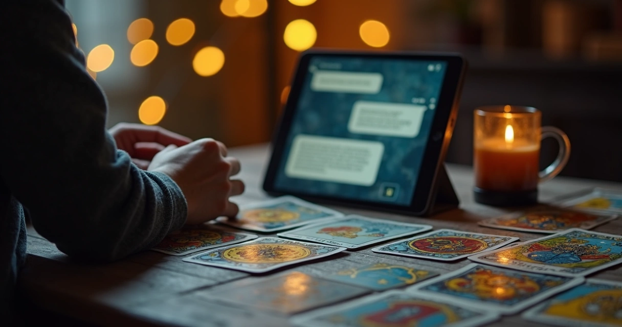 Consulta de tarot online por chat com cartas e tablet sobre mesa escura 