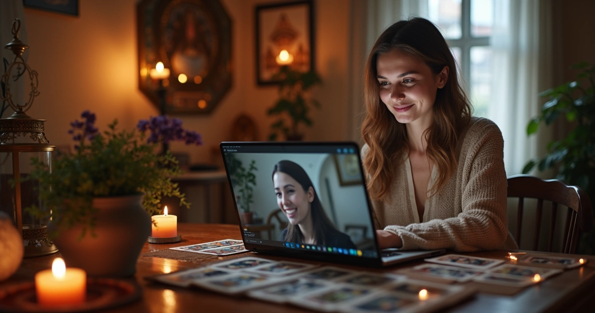 Consultora de tarot atendendo online via chat em ambiente iluminado, cartas na mesa, tela de computador aberta 