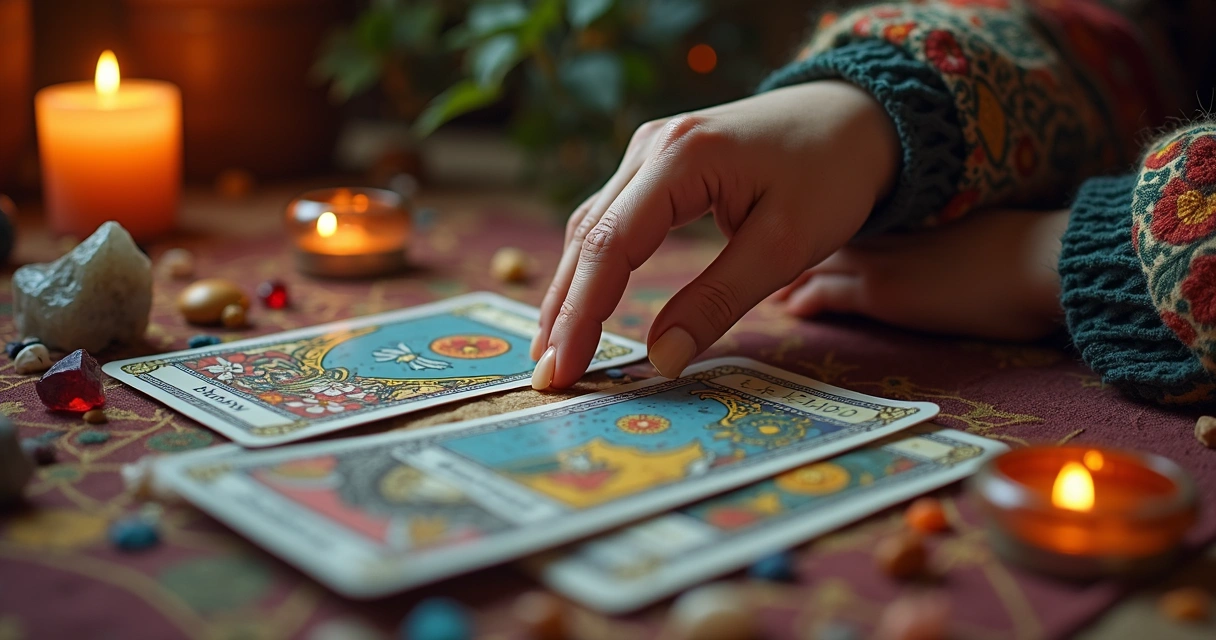 Consulta de tarot cigano com cartas e mãos femininas 