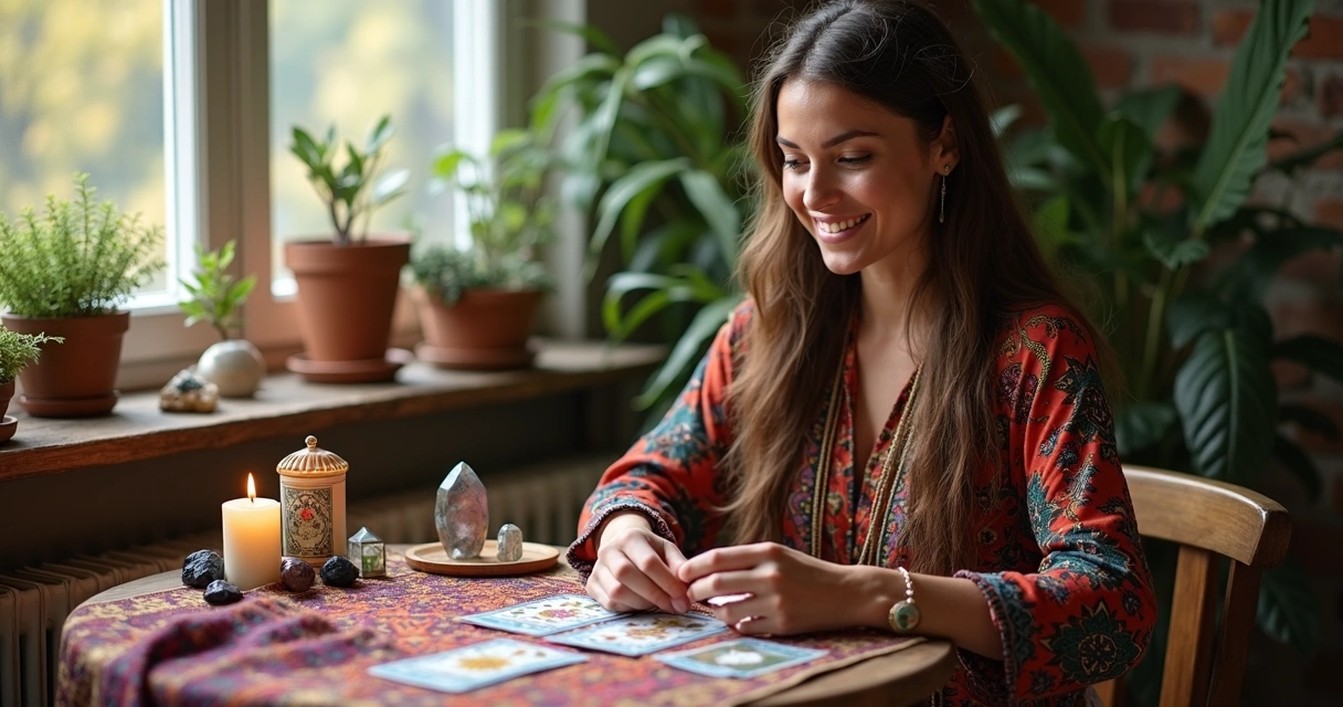 Consultora de tarot cigano atendendo com baralho na mesa 