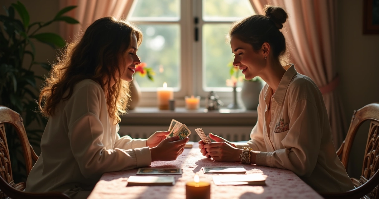 Mulher consultora de tarot mostrando cartas para uma cliente
