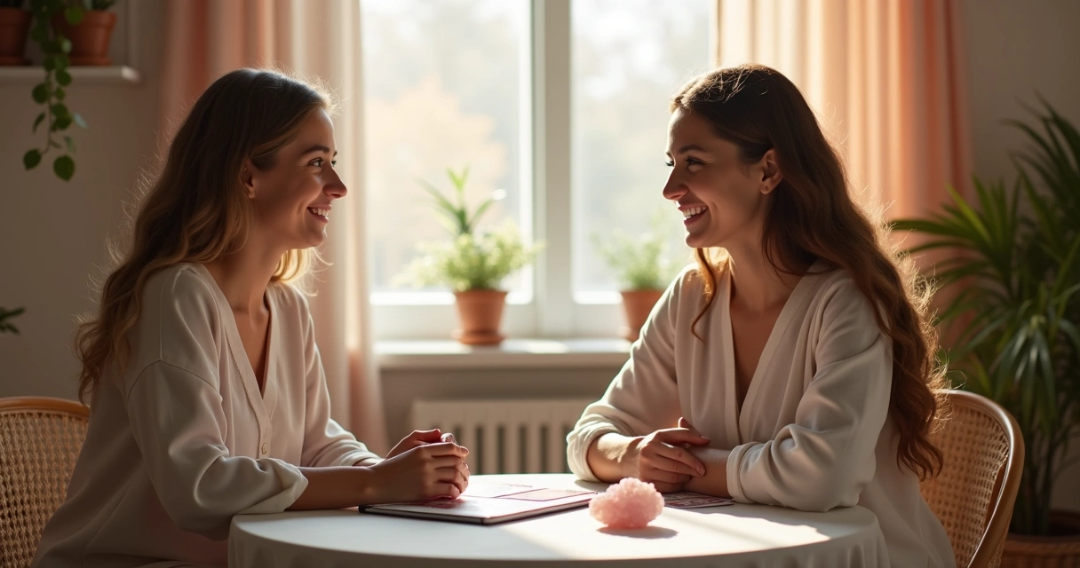 Consultora de tarot conversando com paciente em um ambiente acolhedor 