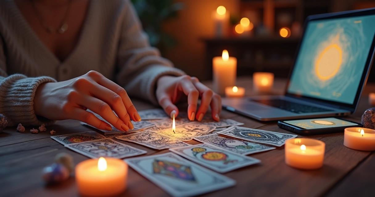 Mesa com cartas de tarot e mãos femininas virando uma carta 