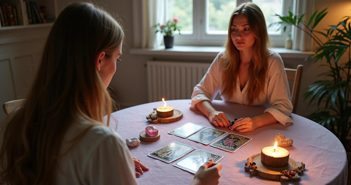 Consultora de tarot ouvindo mulher aflita em mesa com cartas e cristais 