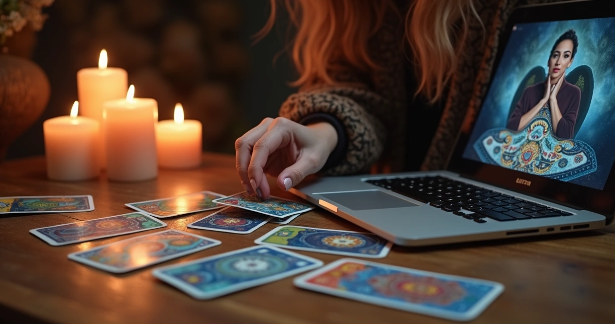 Mão feminina embaralha cartas de tarot coloridas sobre mesa com velas acesas ao fundo 