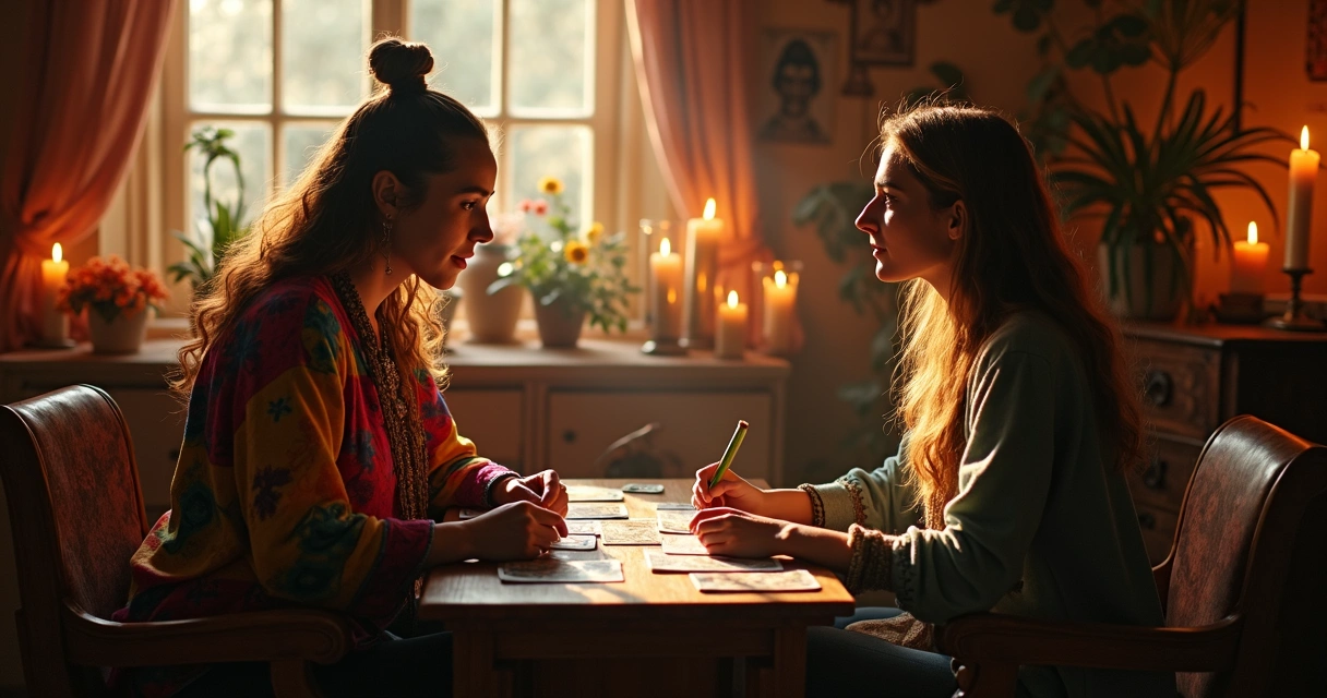 cartomante atendendo pessoa em ambiente acolhedor com cartas de tarot sobre mesa 