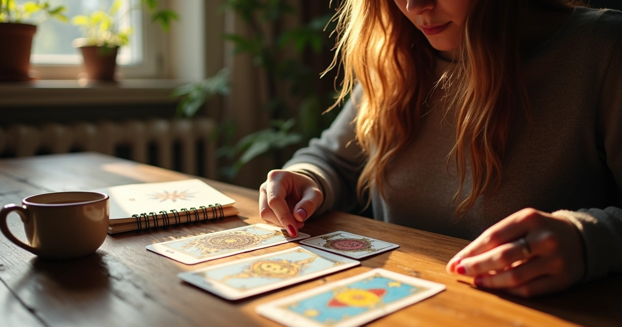 Pessoa fazendo consulta de tarot com cartas e caderno de anotações sobre a mesa 