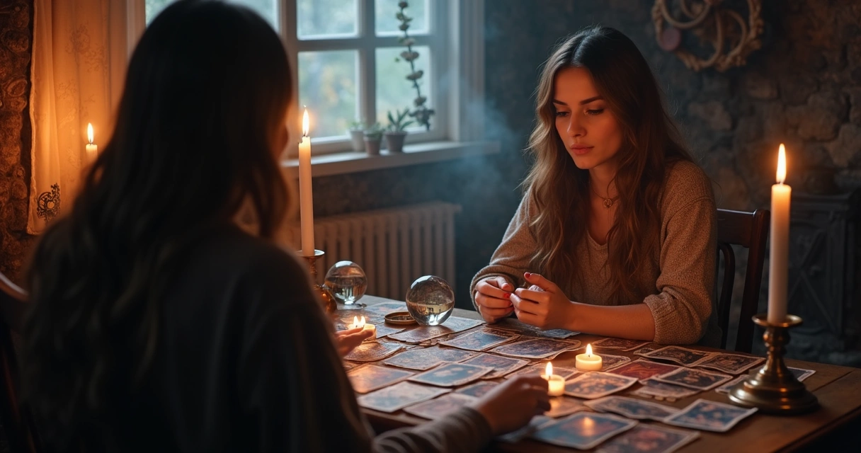 Mulher num ambiente escuro e místico recebendo consulta de tarot com consultora 