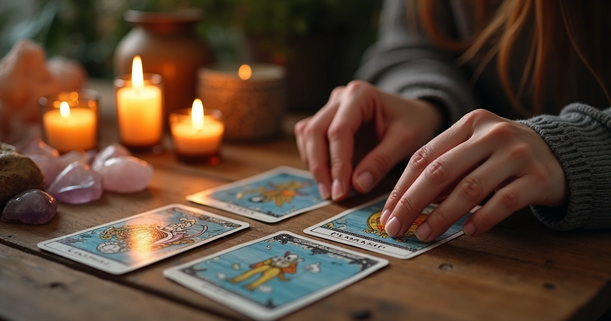 Mesa com cartas de tarot, mãos femininas e velas acesas 