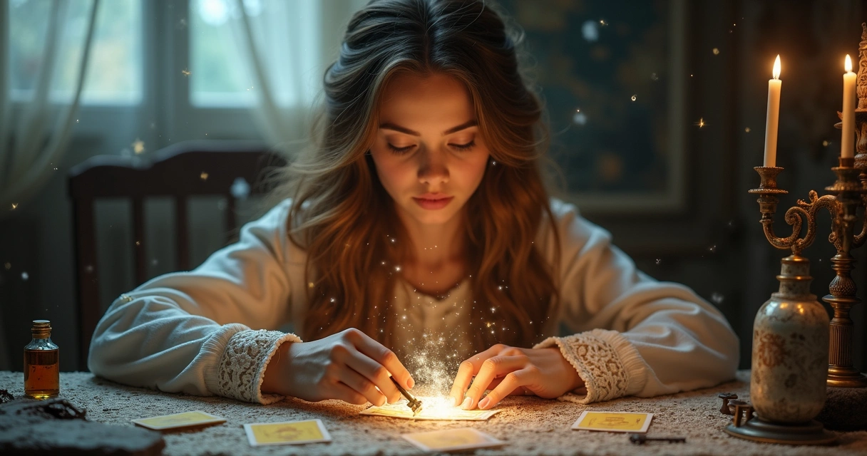 Mulher olhando cartas de tarot com olhar sonhador 