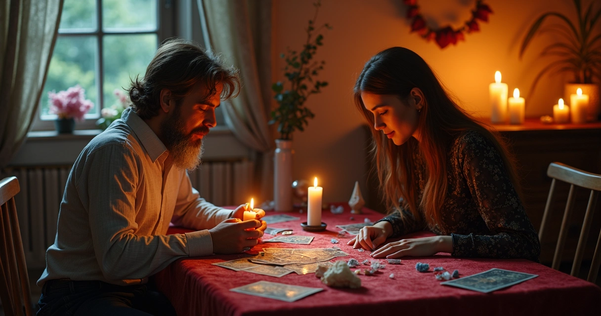 Consultora espiritual realizando leitura de tarot para casal 