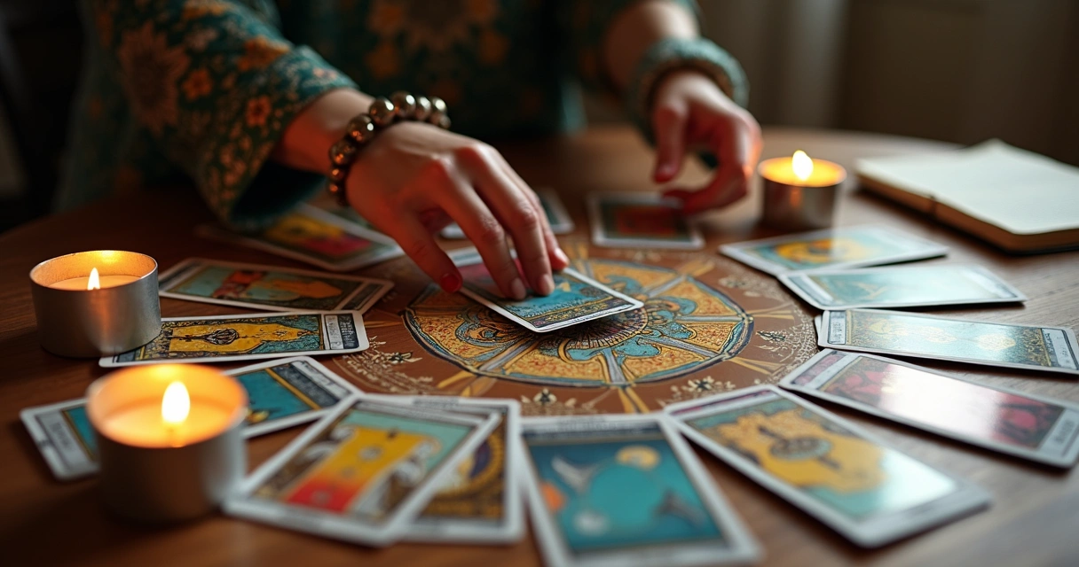 Cartas de tarot dispostas em círculo mostrando símbolos e detalhes coloridos