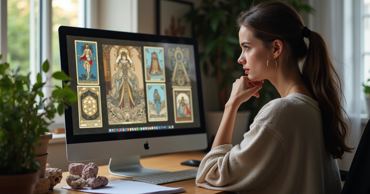 Mulher olhando atenta para cartas de Tarot na tela do computador 