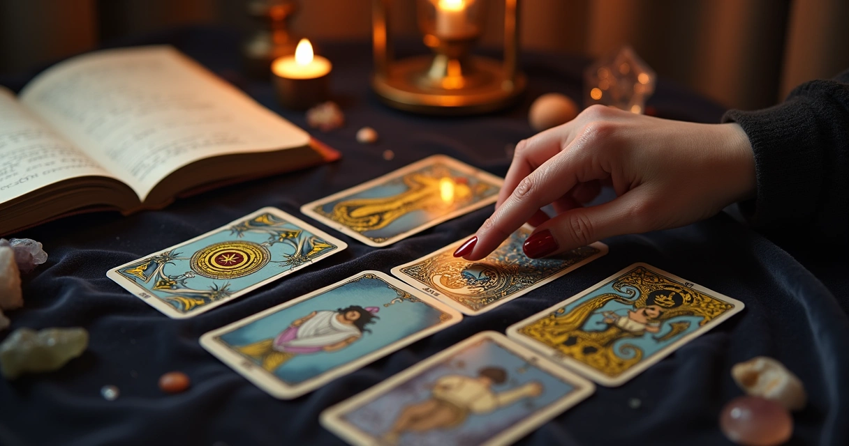 Leitura de tarot sendo feita com cartas invertidas e um caderno de anotações ao lado 