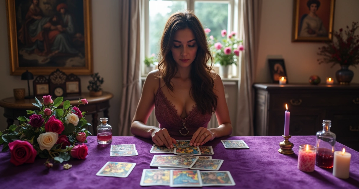 Consulta de tarot com cartas de Maria Padilha e objetos ritualísticos 