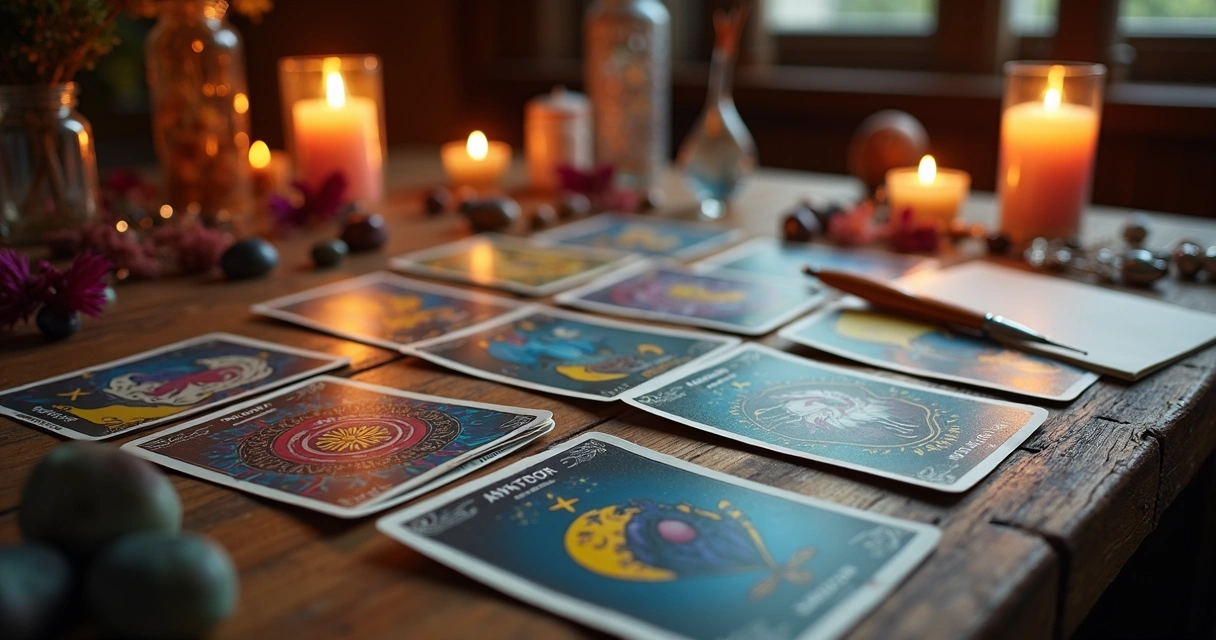 Mesa com cartas de tarot abertas, velas e cristais ao redor