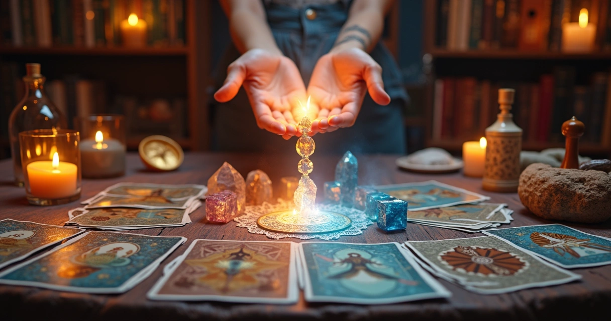 Mesa de cartas de Tarot e instrumentos de alinhamento energético lado a lado