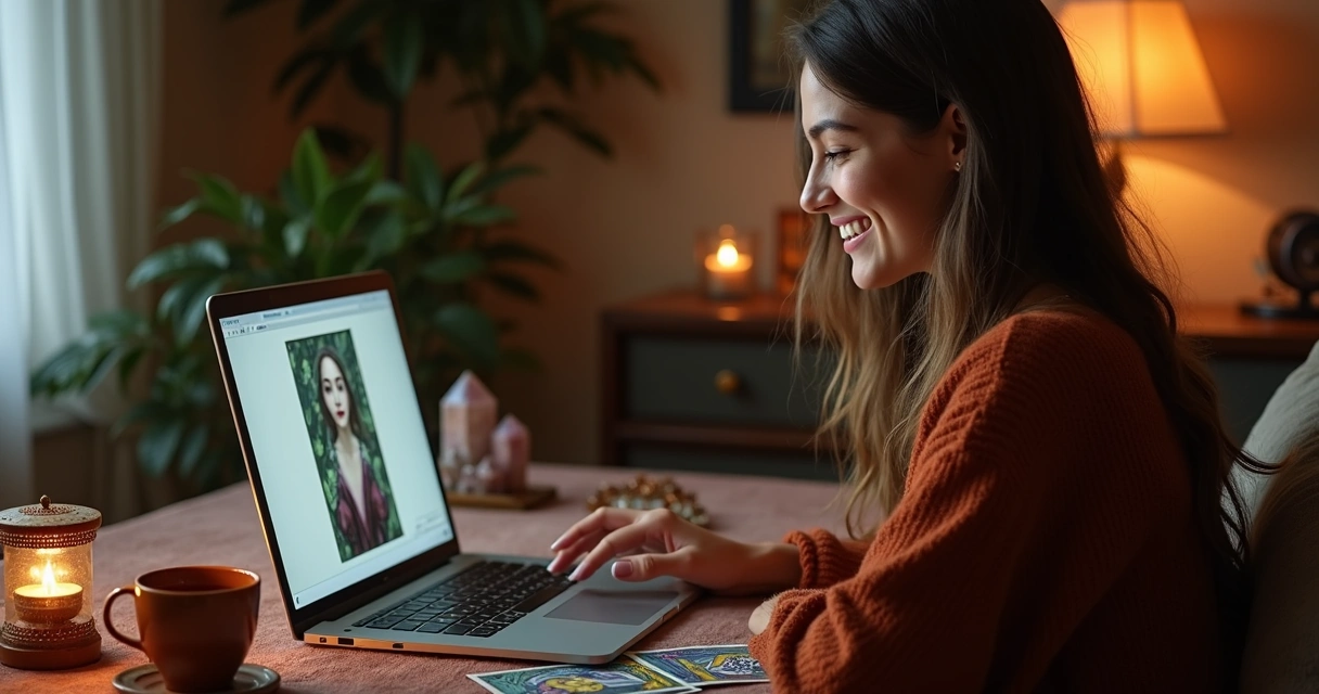 Mulher jovem sorrindo enquanto faz consulta de tarot no computador 