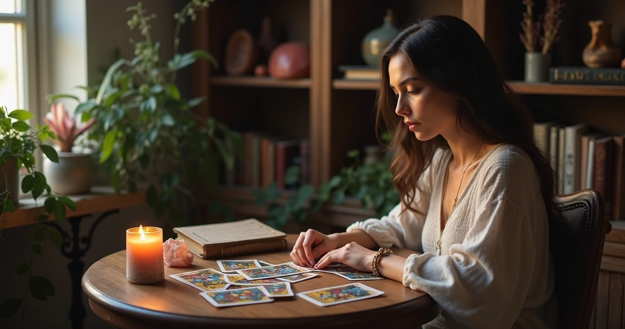 Mulher sentada fazendo consulta de Tarot 