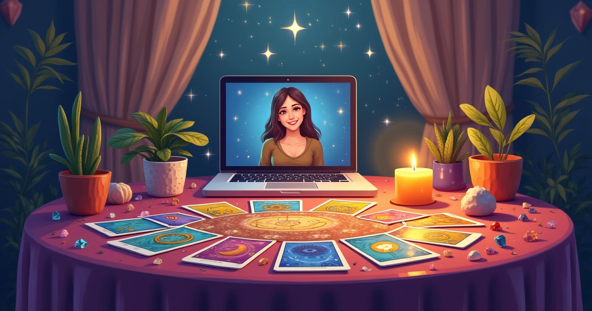 Consulta de tarot online em um ambiente acolhedor com cartas, plantas e um laptop exibindo um leitor sorridente.