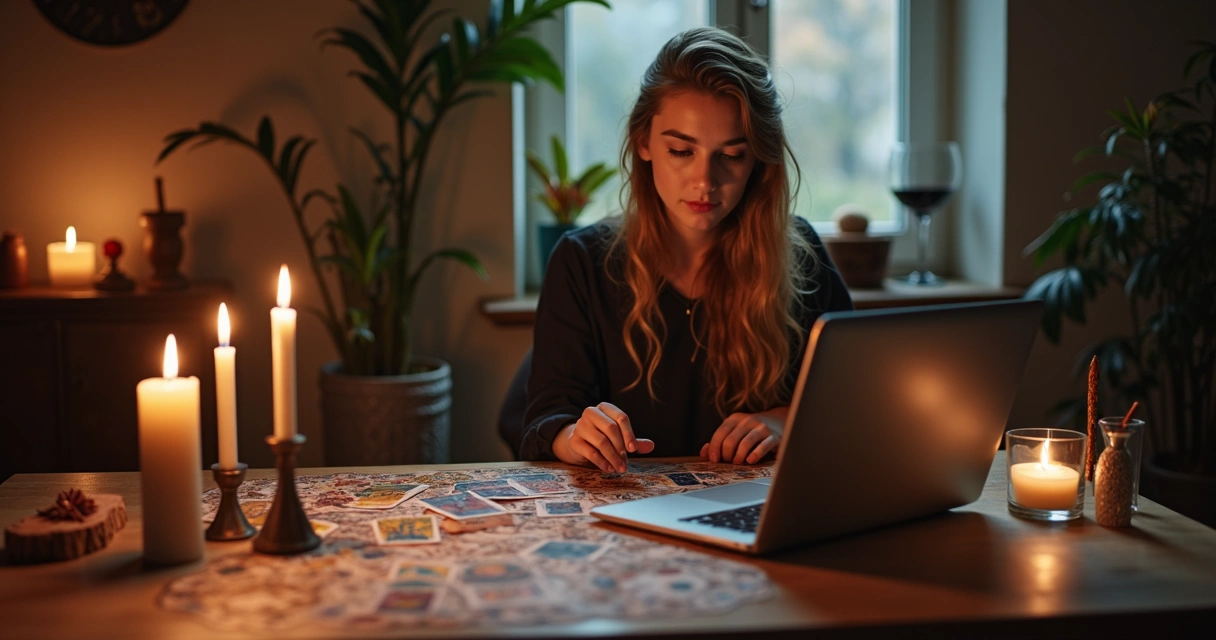 Consulta de tarot sendo realizada online em laptop 