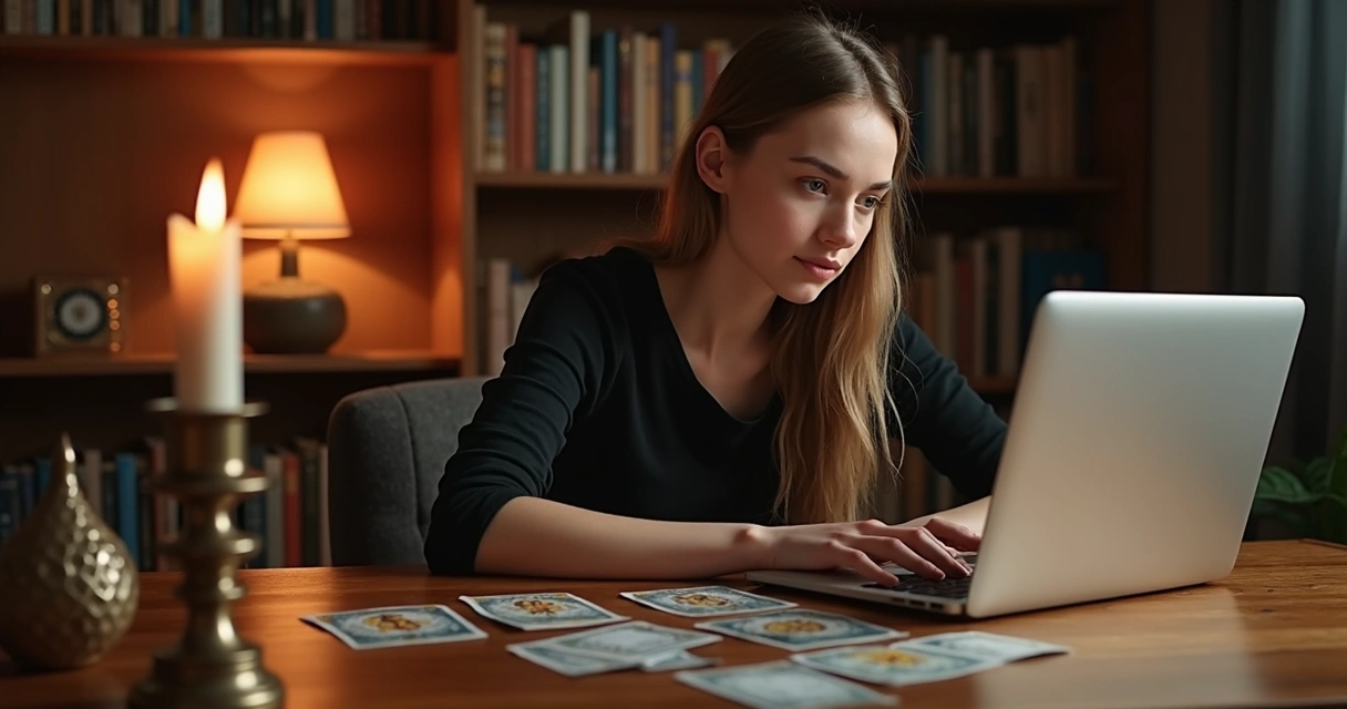 Pessoa consultando tarot no computador com cartas espalhadas na mesa.