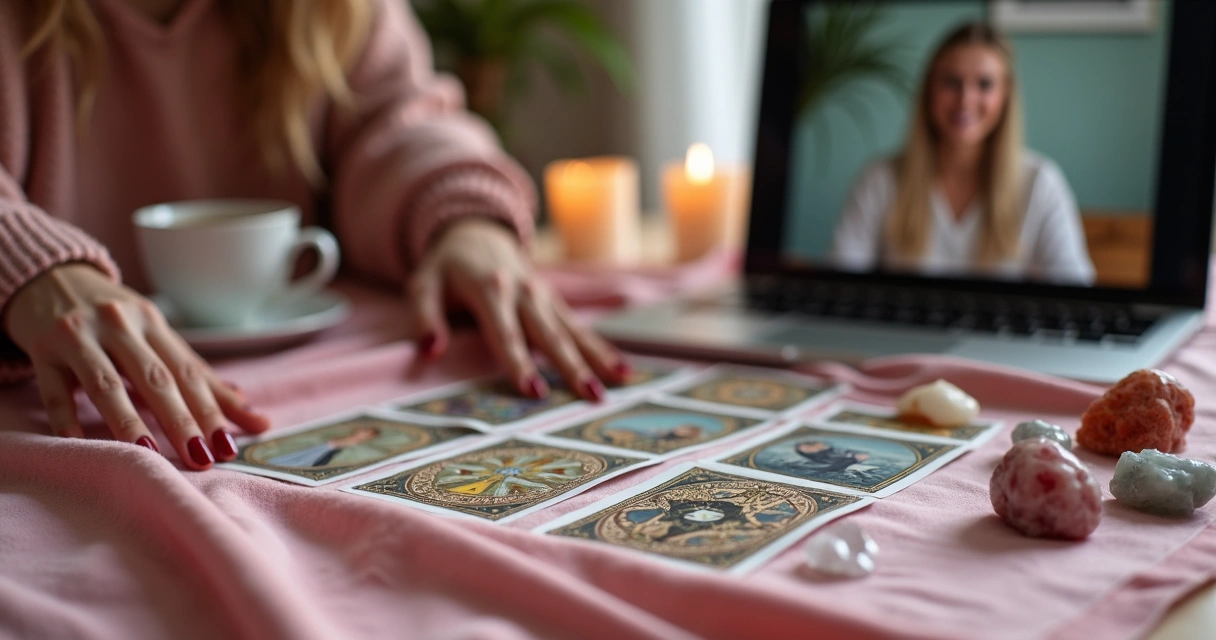 Consulta de tarot online com cartas e mãos femininas 