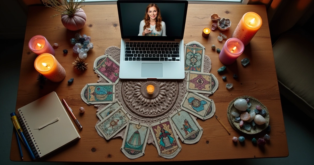 Mesa preparada com cartas de tarot e elementos místicos para consulta online