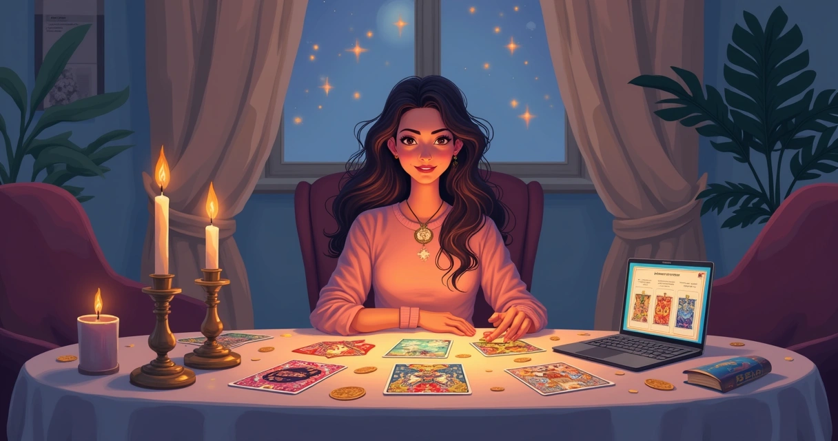 Ilustração de uma consulta de tarot online em um ambiente confortável e acolhedor, destacando mesa com cartas e velas.