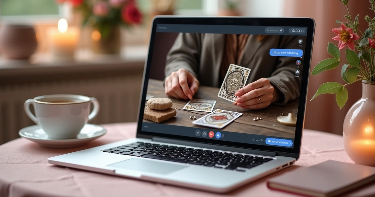 Tela de notebook com consulta de tarot ao vivo em andamento 