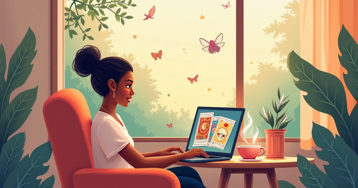 Consulta de Tarot Online em ambiente acolhedor, pessoa feliz usando computador com cartas de tarot.