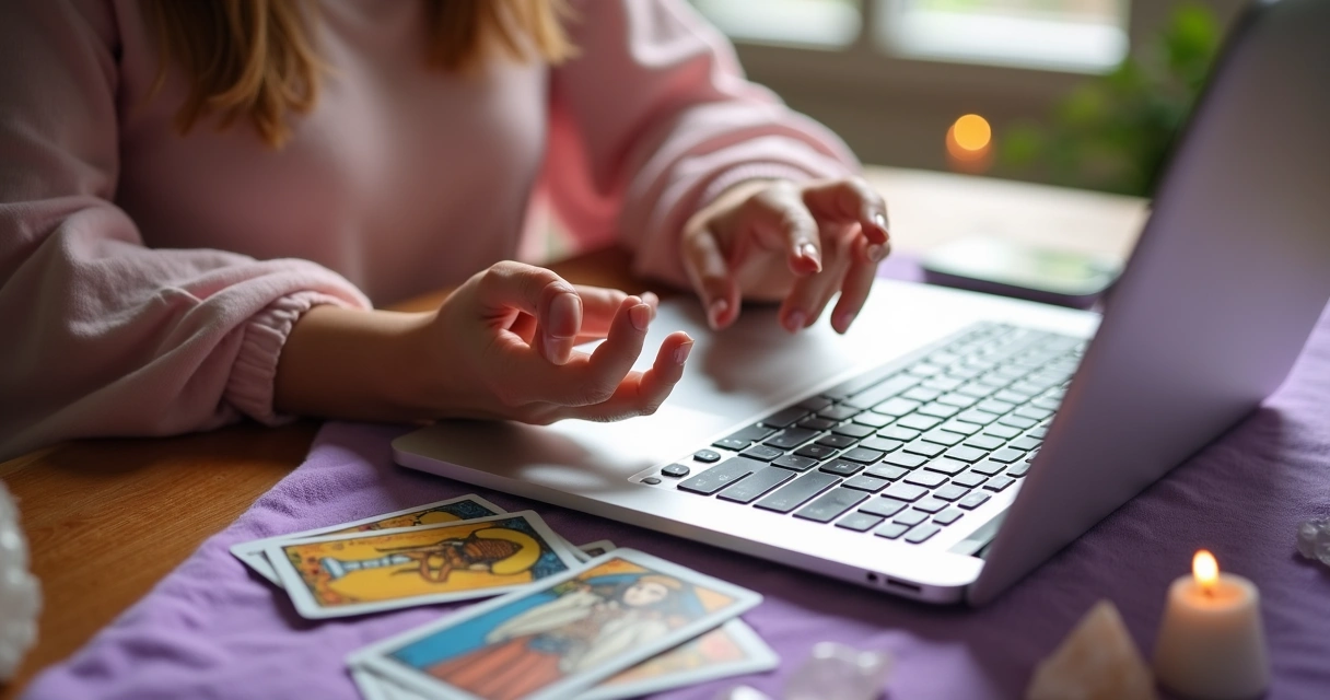 Consulta de tarot online com cartas coloridas sobre uma mesa e mãos femininas interpretando as cartas. 