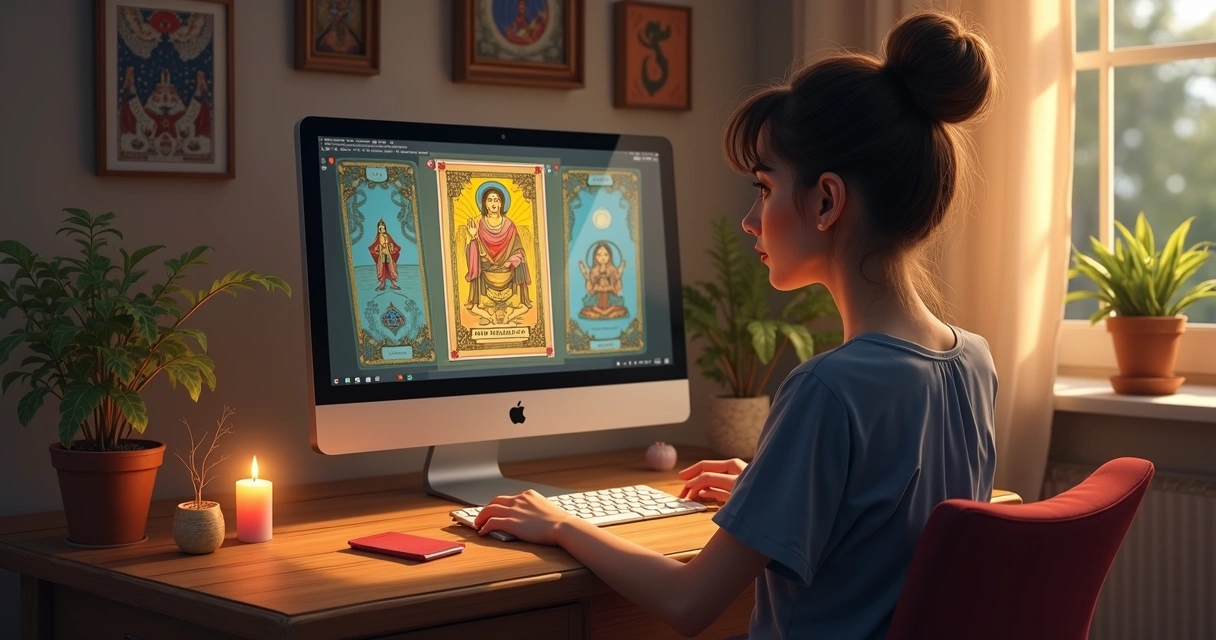 Pessoa consultando cartas de tarot pelo computador com ambiente acolhedor 