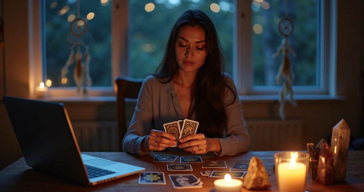Taróloga embaralhando cartas de tarot diante de notebook 